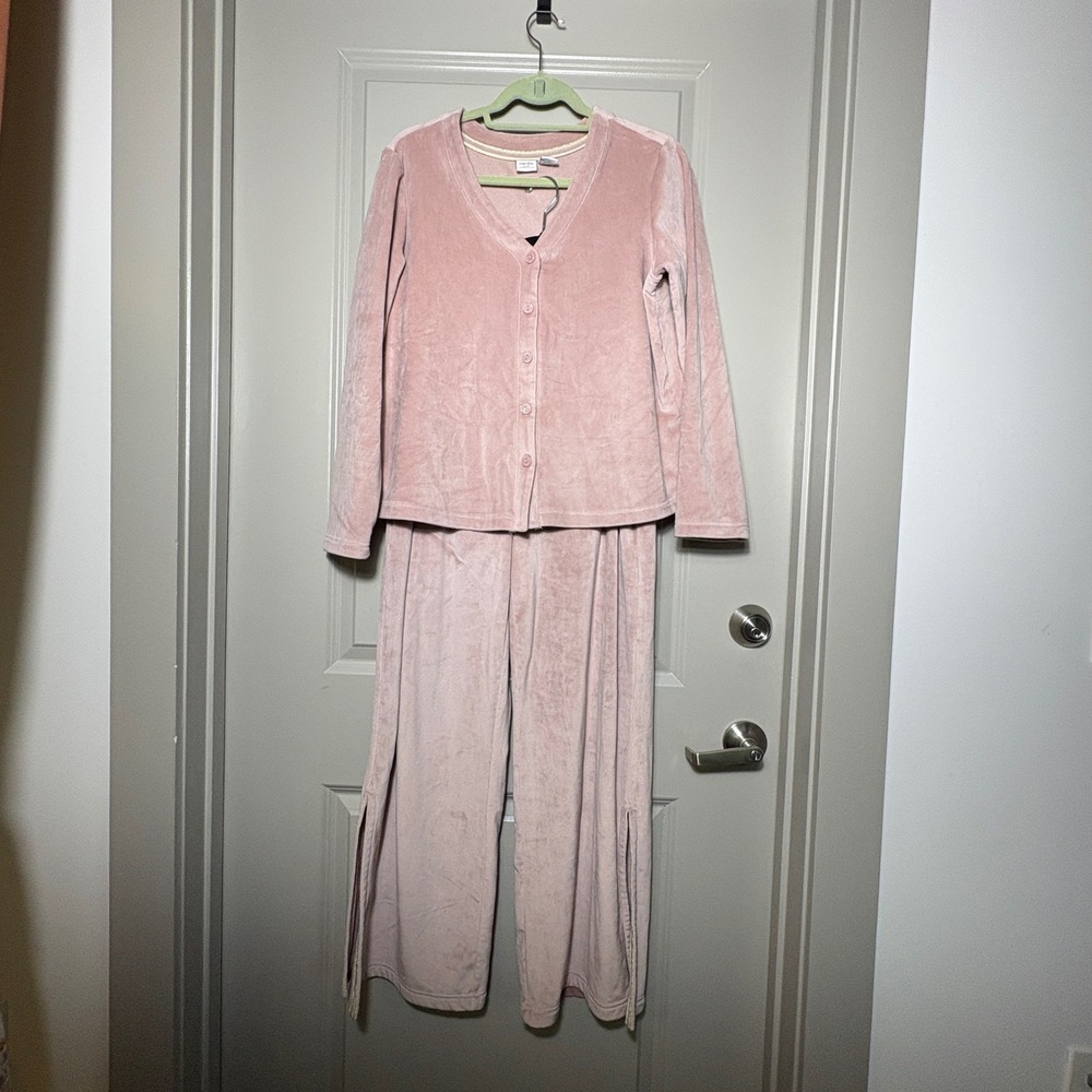 cupcakes and cashmere Velour Lounge Set Cardigan Wide Leg Pants Pink Medium